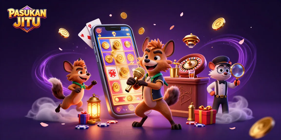 PASUKAN JITU hyenas entertain in a vibrant casino scene with colorful slot games.