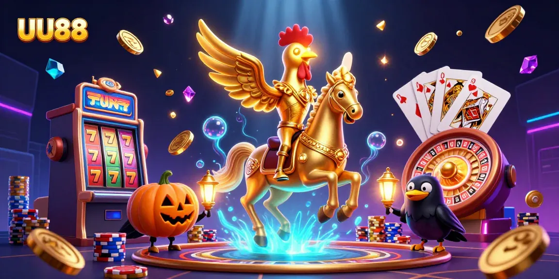 Spin the reels at UU88 with a golden rooster and dynamic casino elements in a magical setting.