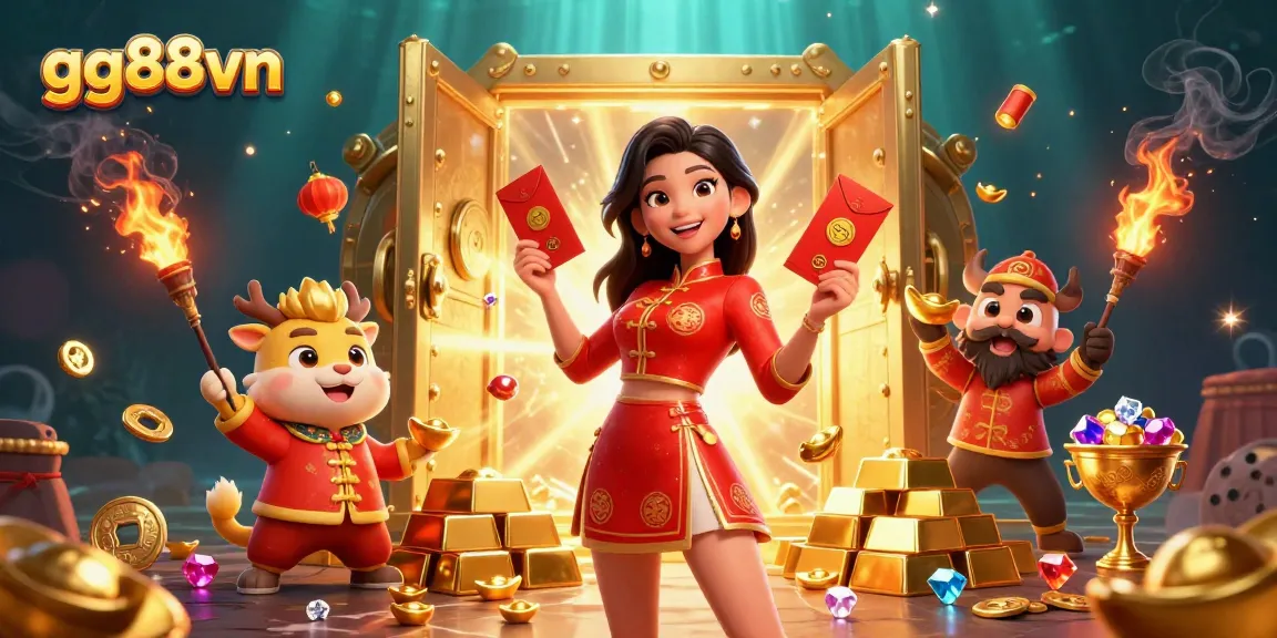 Experience the excitement of gg88vn with vibrant casino-themed illustration featuring golden treasures.