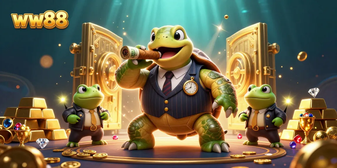 Bet on thrilling slots with ww88 featuring a 3D turtle in a mobster suit and gold treasures.