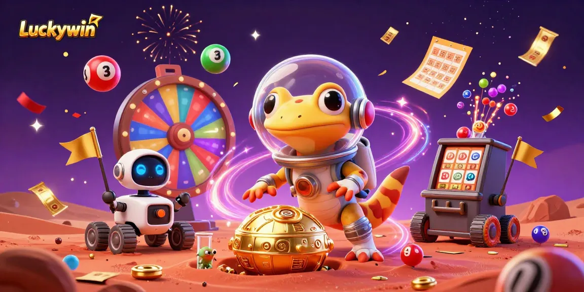 Play and win with Luckywin in this vibrant casino-themed Martian scene.