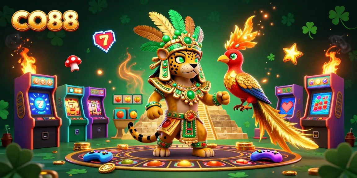 Engage with CO88's immersive gaming scene featuring a Mayan jaguar priest and vibrant casino elements.