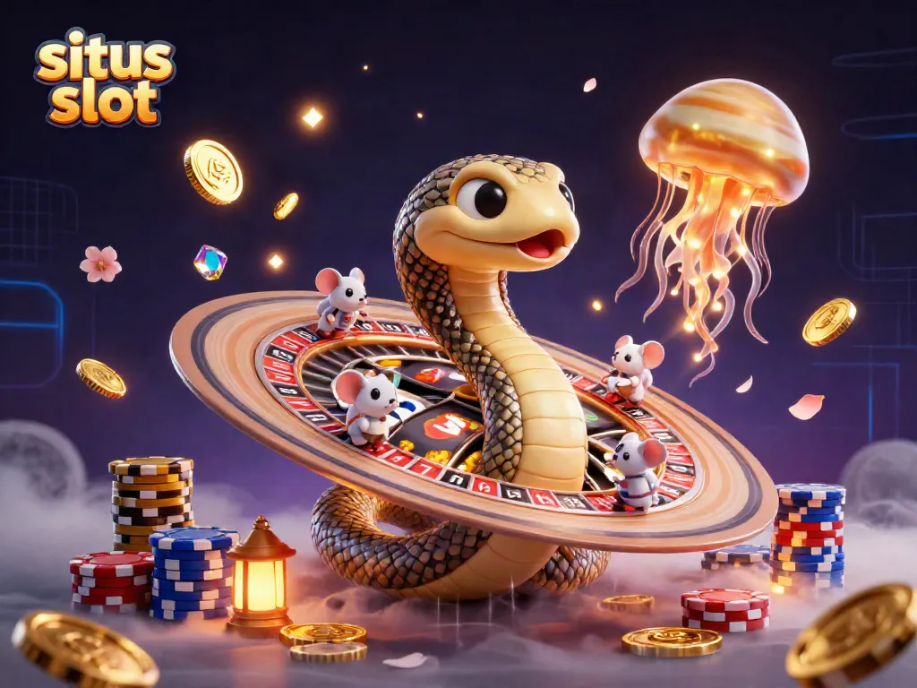 Menggali situs slot dengan simbol buah dan keberuntungan, dikelilingi koin emas.
