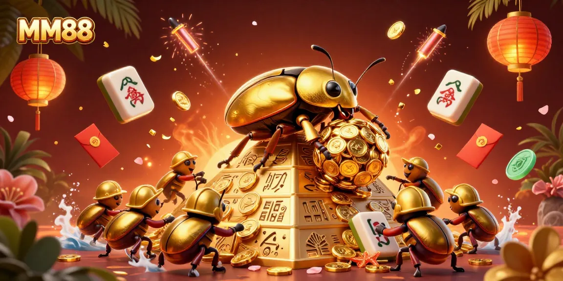 Engage with MM88 as golden beetles roll coins, showcasing dynamic casino excitement.