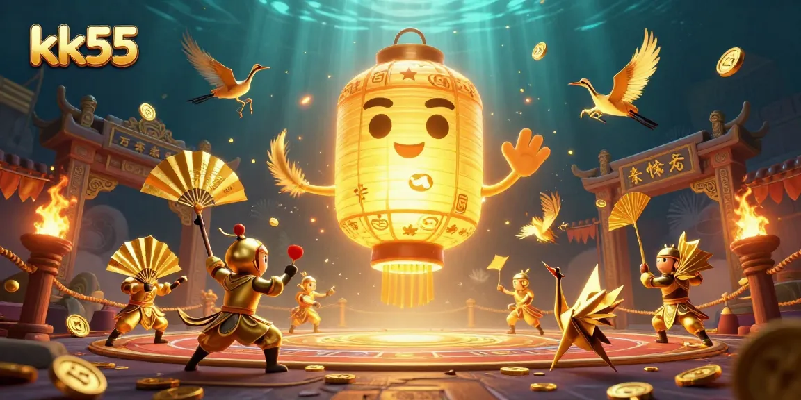 Engage with the vibrant kk55 casino experience featuring golden lanterns, warriors, and lucky symbols.