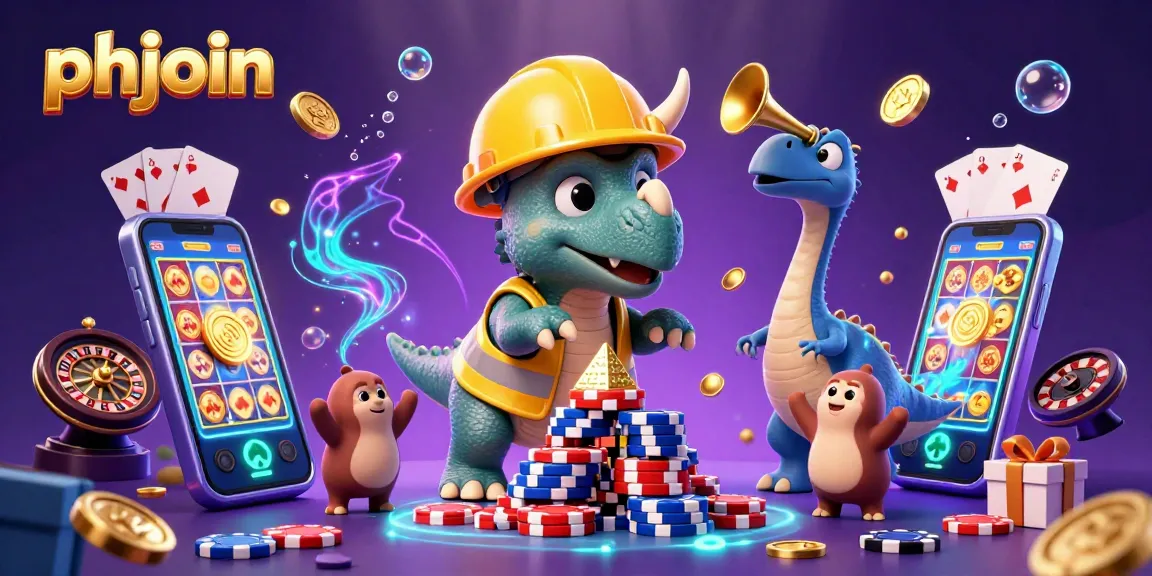 Win big at phjoin casino with a vibrant, dynamic 3D illustration featuring casino games and fun characters.