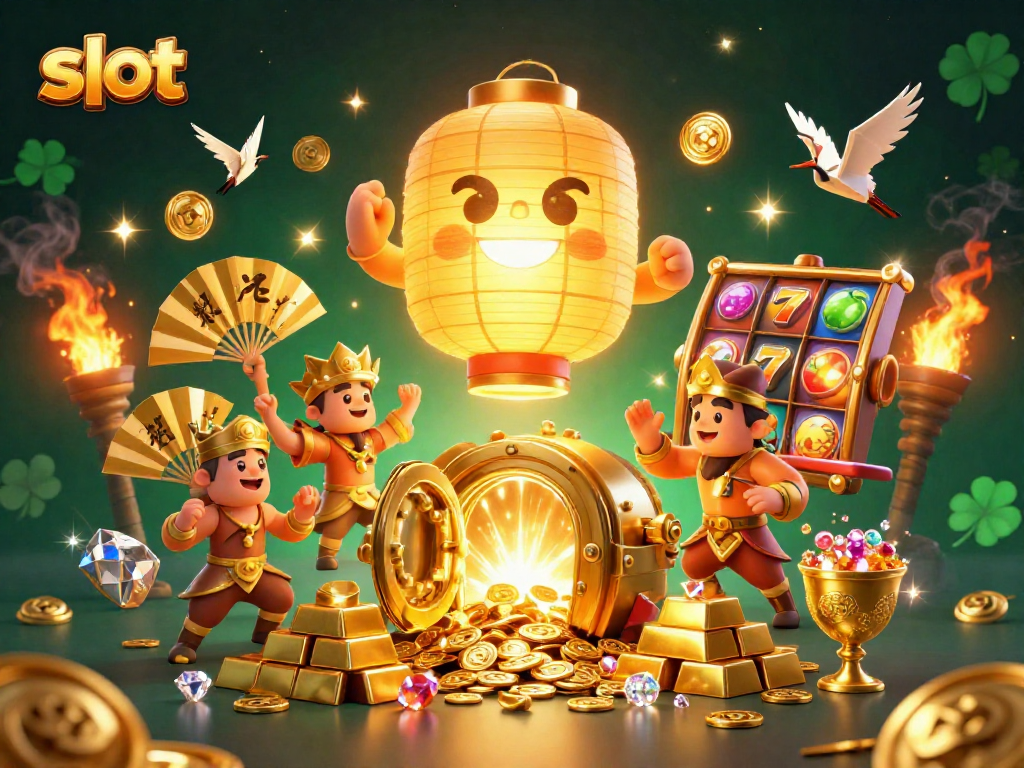 Spin and win with slots in a vibrant night market casino scene full of golden treasures.