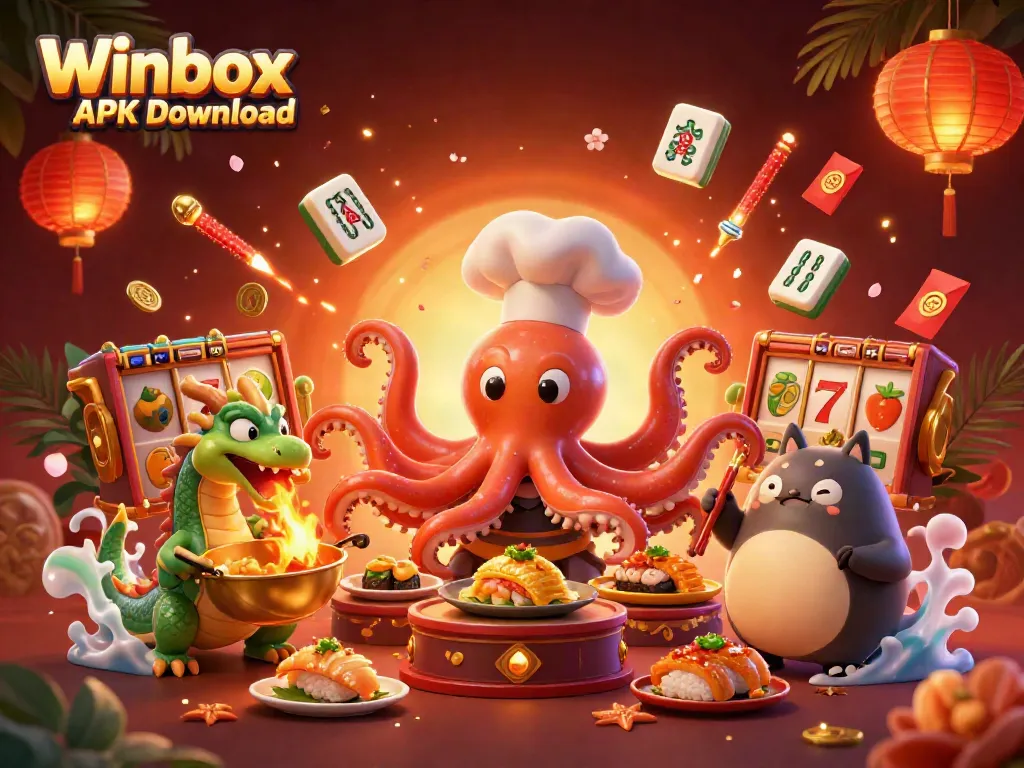 Winbox APK Download features a vibrant 3D casino scene with animated characters and enchanting game symbols.