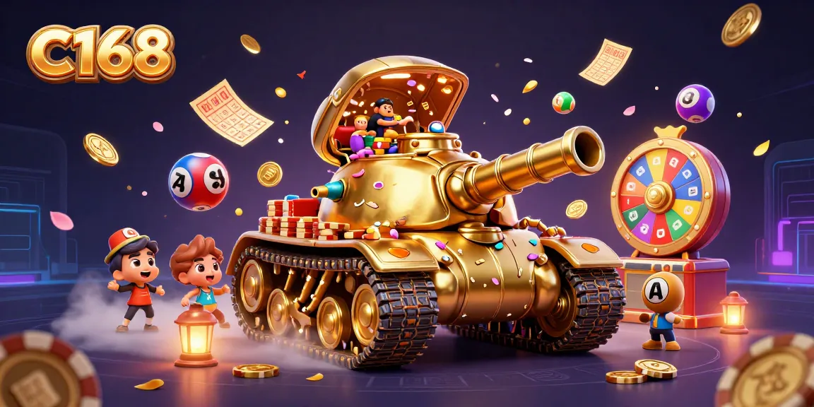 C168 showcases a vibrant, dynamic casino scene featuring a golden beetle tank surrounded by lottery balls and confetti.