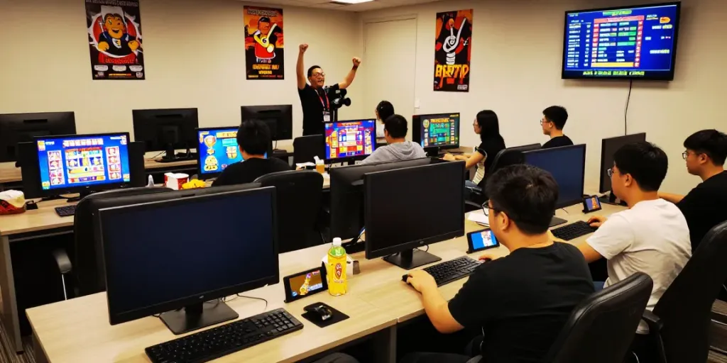 Bro138 gaming hub with players engaged in online slots, showcasing vibrant game screens and a celebratory atmosphere.