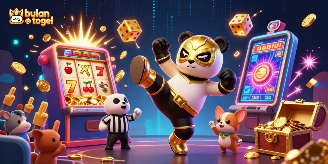 Engage with bulan togel action as a panda wrestler kicks while a chihuahua referees amidst a vibrant scene.