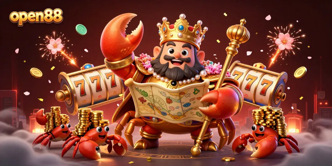 Experience thrilling gameplay at open88 with a vibrant 3D scene of a golden crab emperor and exciting casino elements.