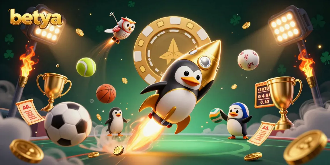 Betya shows a golden penguin navigating to a casino station with sports elements, celebrating betting excitement.