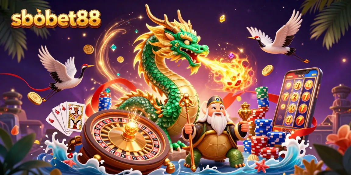 Experience thrilling sbobet88 betting with a jade dragon, turtle sage, and lucky cranes in a vibrant scene.
