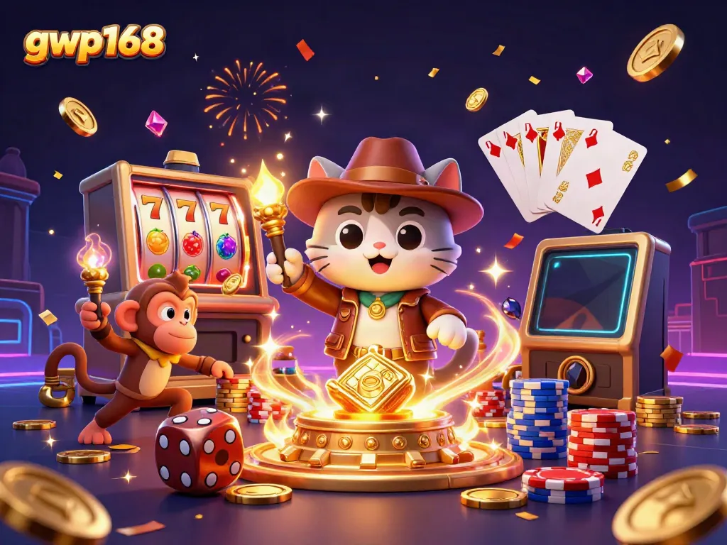 Ilustrasi 3D gwp168 menampilkan kucing arkeolog penjelajah dengan teman monyet di kasino.