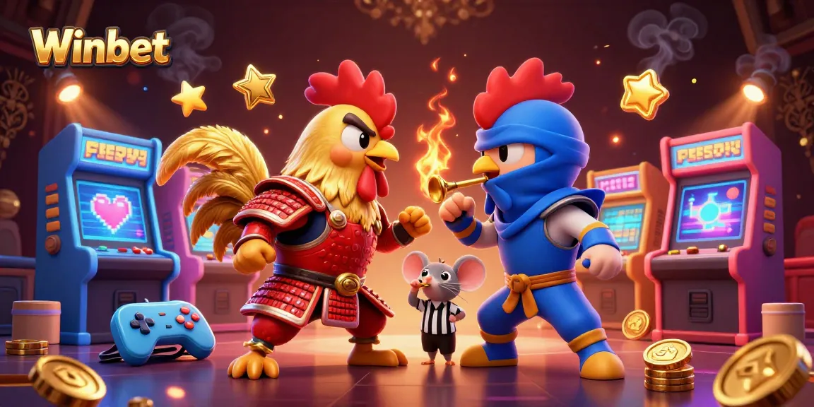 Experience Winbet excitement with a dramatic standoff of cartoon roosters amidst vibrant casino elements.