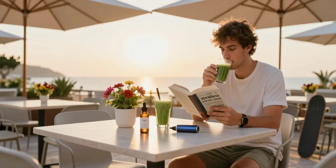 Is vaping legal in Cyprus? Enjoying natural wellness with CBD oil and vape device at a café terrace.