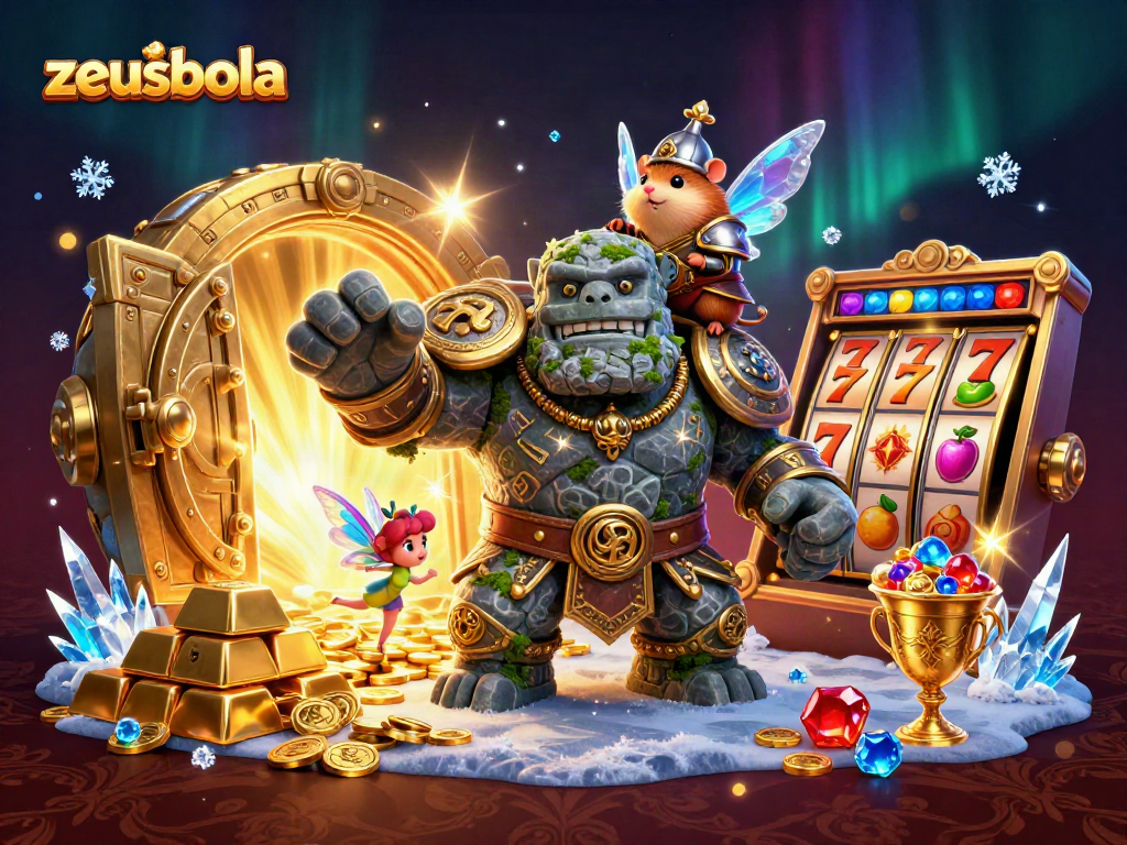 Spin the reels on zeusbola with a magical scene featuring a stone guardian, a fairy, and a hamster knight.