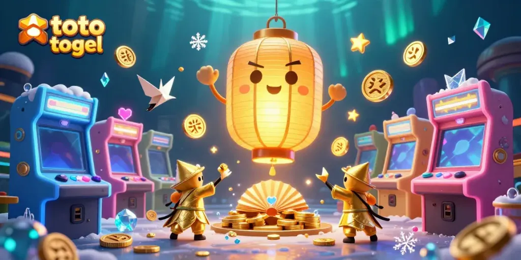 Engage in thrilling toto togel gameplay with a golden lantern spirit in a vibrant 3D casino setting.