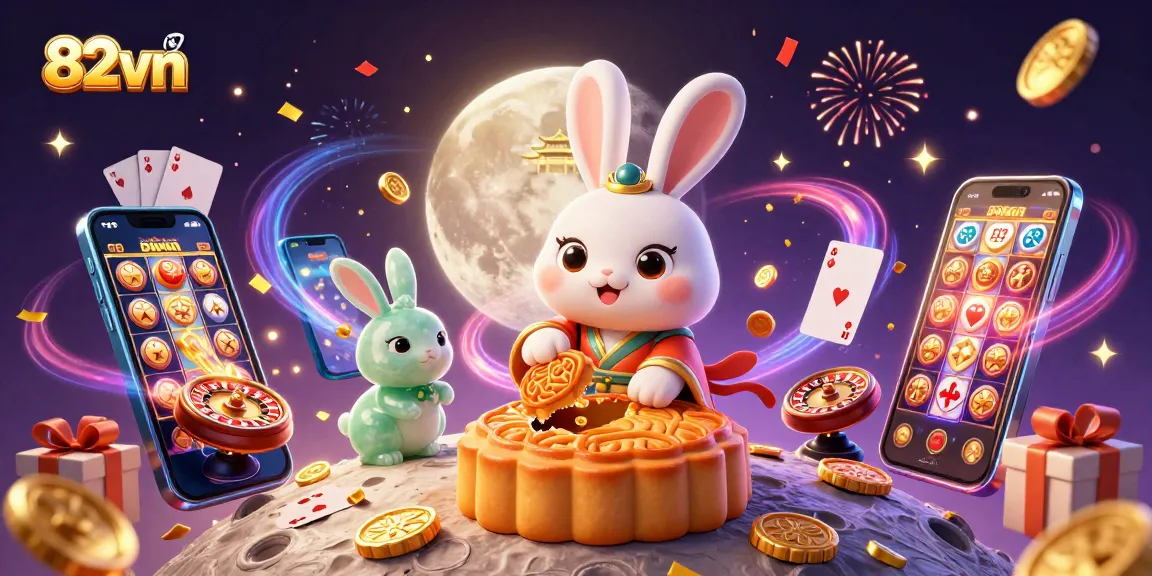 Engage with 82vn’s magical online casino experience featuring a mystical moon rabbit and vibrant game elements.