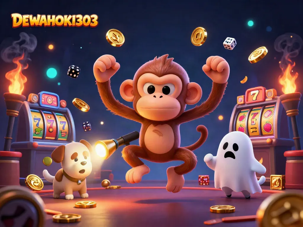 DEWAHOKI303 menyajikan karakter kartun dalam kasino berhantu dengan emas, simbol slot, dan karakter lucu.