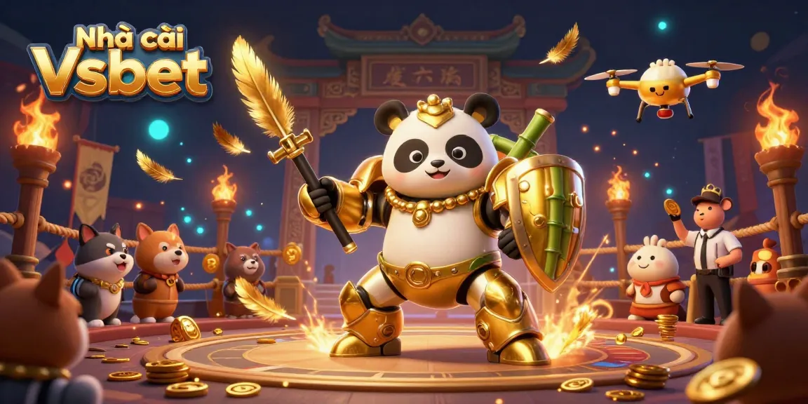 Engage with Nhà cái Vsbet's vibrant gambling arena featuring a golden panda robot battling amid cheering spectators, gold coins, and betting tokens.