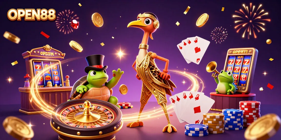 Experience excitement at OPEN88 with a vibrant 3D casino scene featuring characters in dynamic action.