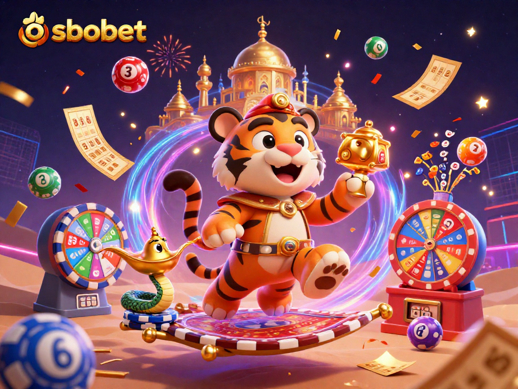 SBOBET showcases a dazzling scene with an Arabian sultan surrounded by dynamic gambling elements.