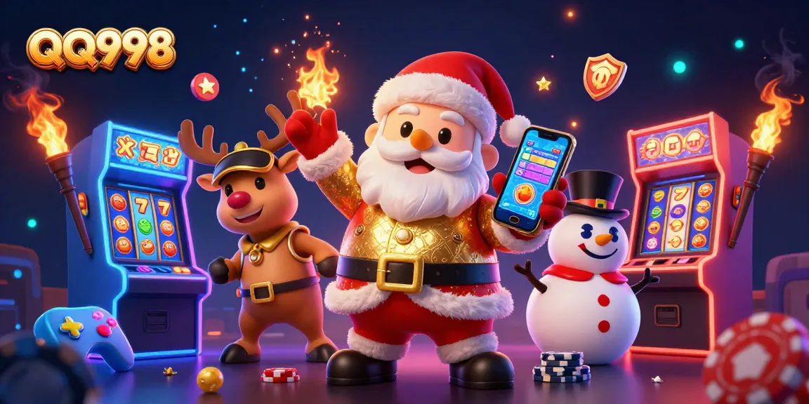 Experience thrilling jackpots with QQ998 in this vibrant 3D casino scene filled with festive characters and gaming elements.