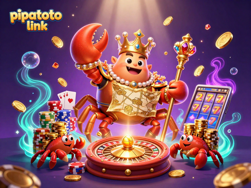 Pipatoto link presents a stunning visual with a golden crab emperor among vibrant casino elements, creating excitement.