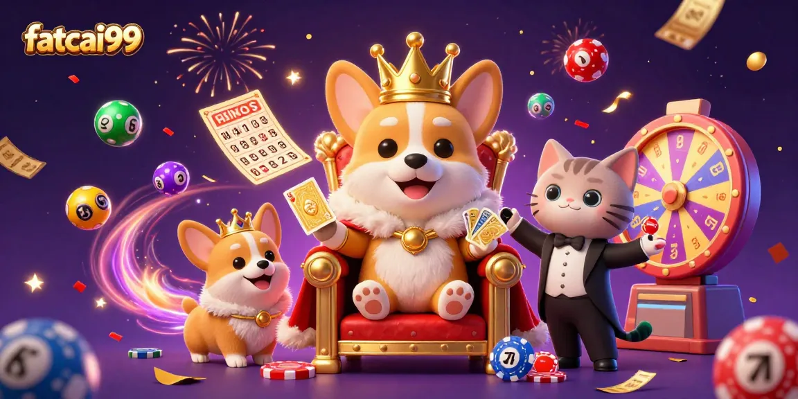 Experience fatcai99 with vibrant casino-themed 3D illustration featuring lottery elements and royal corgi.