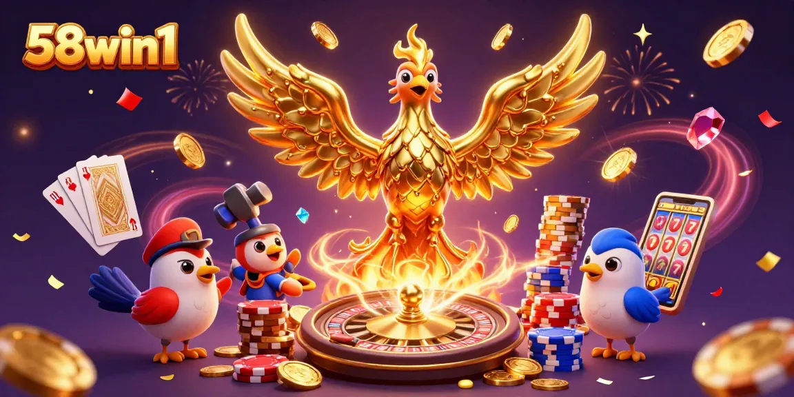 Experience the thrill of 58win1 with a golden phoenix and casino elements in an exhilarating scene.