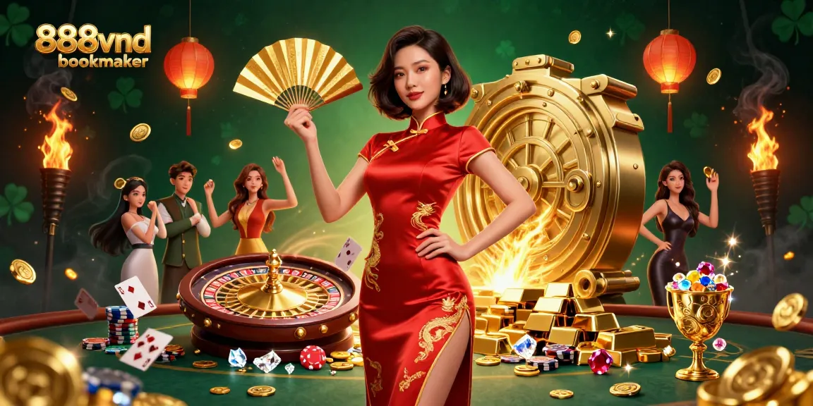 Experience the excitement of 888vnd bookmaker with dynamic casino elements and a confident Asian woman in a qipao.