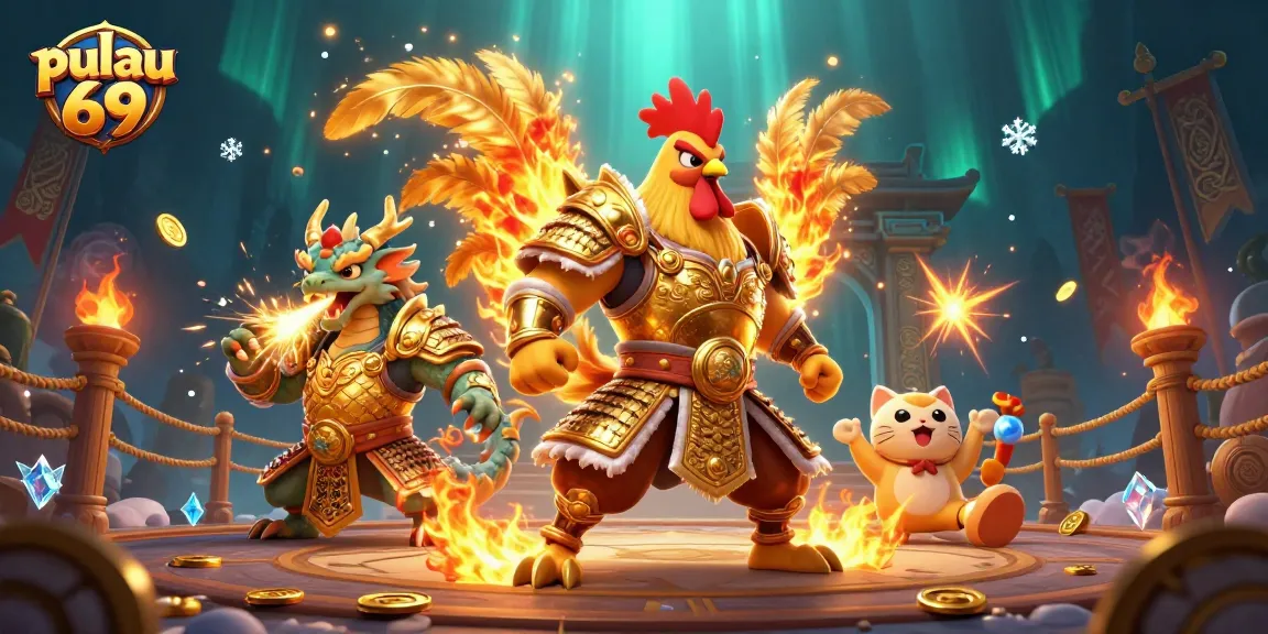 Engage with pulau 69, showcasing a dynamic casino battle scene featuring a roaring rooster warrior and a dragon.