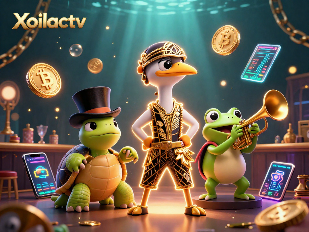 Xoilactv showcases an exciting speakeasy scene with vibrant 3D characters and crypto coins.