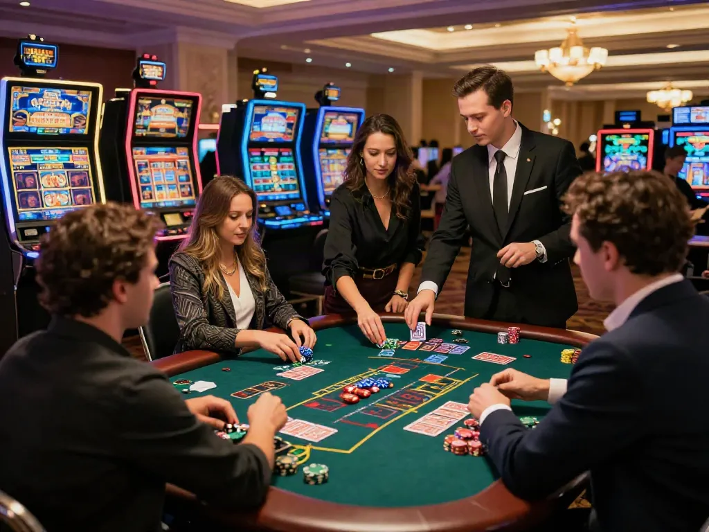 A thrilling akunjp gaming experience in a vibrant casino atmosphere.