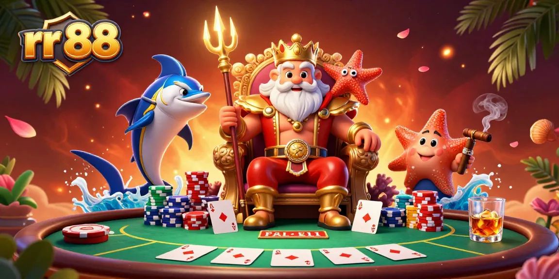 Play at rr 88 with cartoon Neptune, immersive poker scene, vibrant elements, 3D illustration.