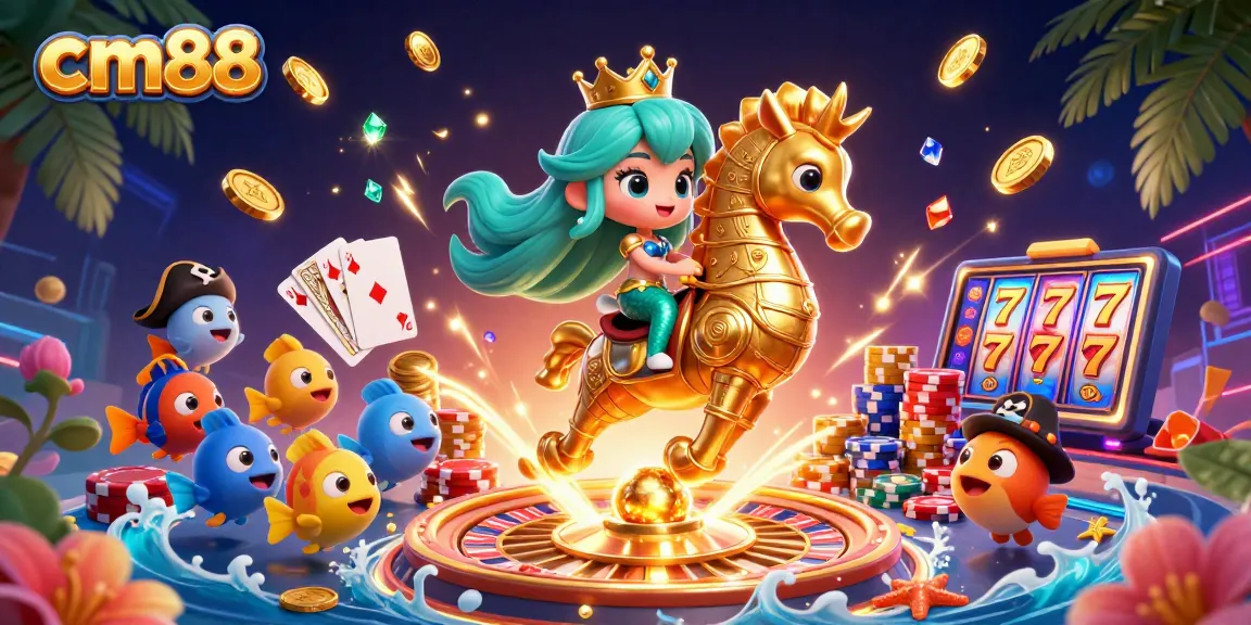 Experience cm88's vibrant casino world with a mermaid princess riding a seahorse amidst dazzling games and treasures.
