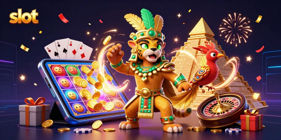 Menangkan slot dengan grafik menawan dari permainan yang dikelilingi simbol kemenangan dan barang hadiah.