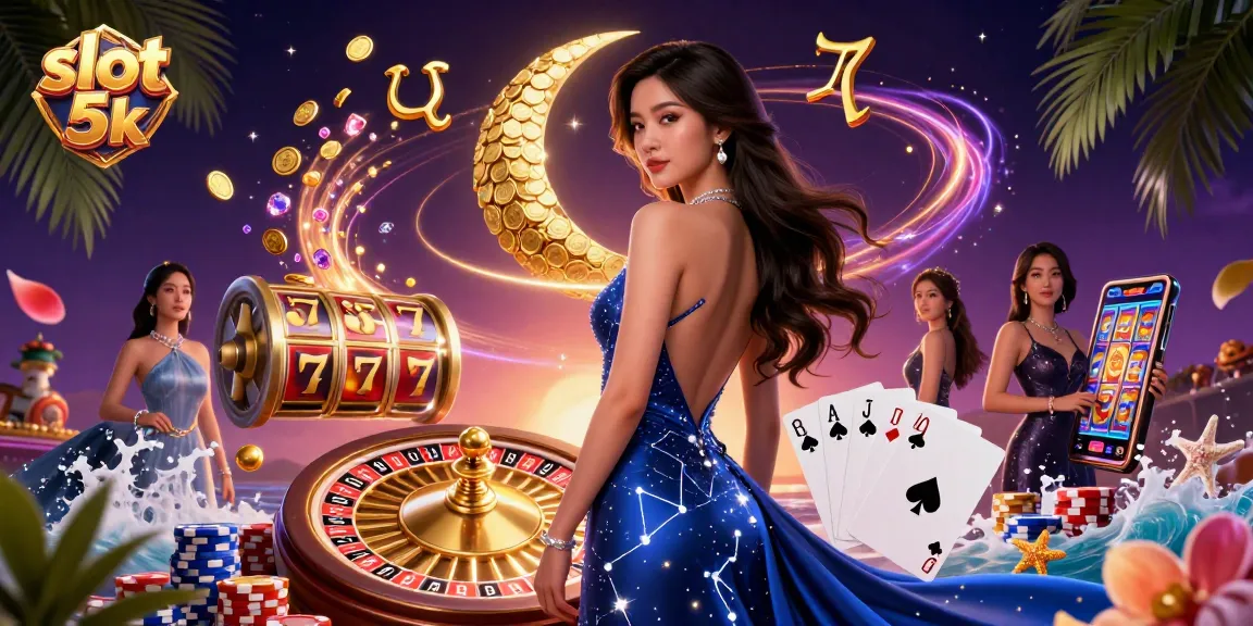 Experience thrilling wins with slot 5k through cascading coins and sparkling gems in an exciting casino scene.