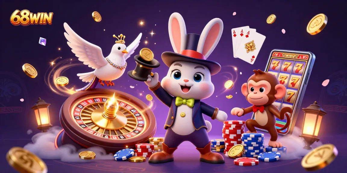 Experience the thrill of gambling with 68WIN as a magician rabbit pulls coins surrounded by gaming elements.