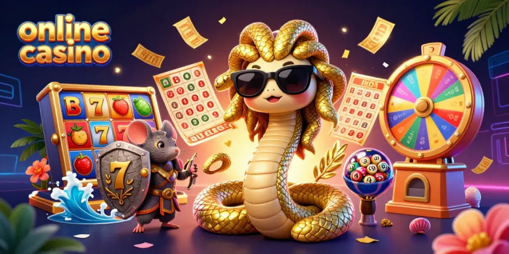 Experience the excitement of an online casino with Medusa and a warrior mouse in a vibrant gaming scene.