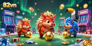 Engage in exciting gambling at 82vn with rival pangolins competing in a vibrant casino setting.