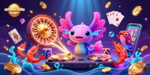 Experience vibrant energy at ombaktoto login with animated axolotl DJ and glowing casino elements.