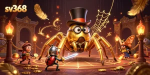 Experience sv368's thrilling action with a golden tarantula and a brave beetle knight in a captivating casino scene.