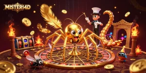 Engage in thrilling gameplay with MISTERI4D, featuring a golden spider and roulette web surrounded by stunning casino elements.