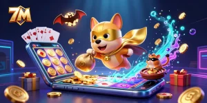 7M's superhero dog flies with treasures amid vibrant casino elements, energizing gamers.