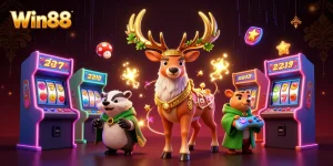 Win88 engage players with vibrant slot reels and golden creatures in a casino adventure.