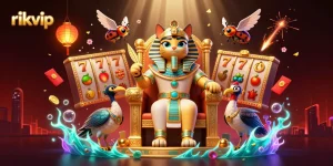 Experience the excitement of rikvip with a vibrant 3D casino scene featuring slot reels and a dazzling Pharaoh cat.