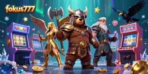Engage with fokus777's vibrant online gaming scene featuring arcade elements and characters.